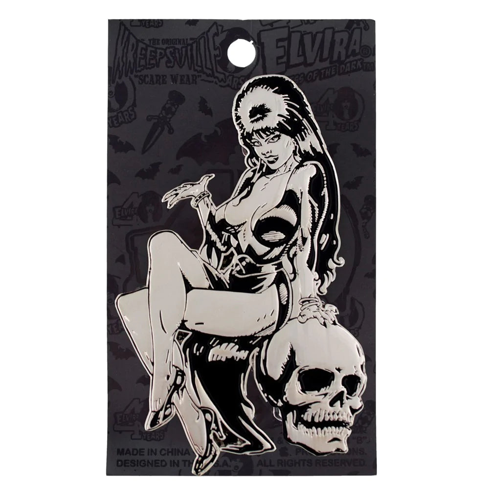 Elvira Silver Comic Skull Enamel Pin