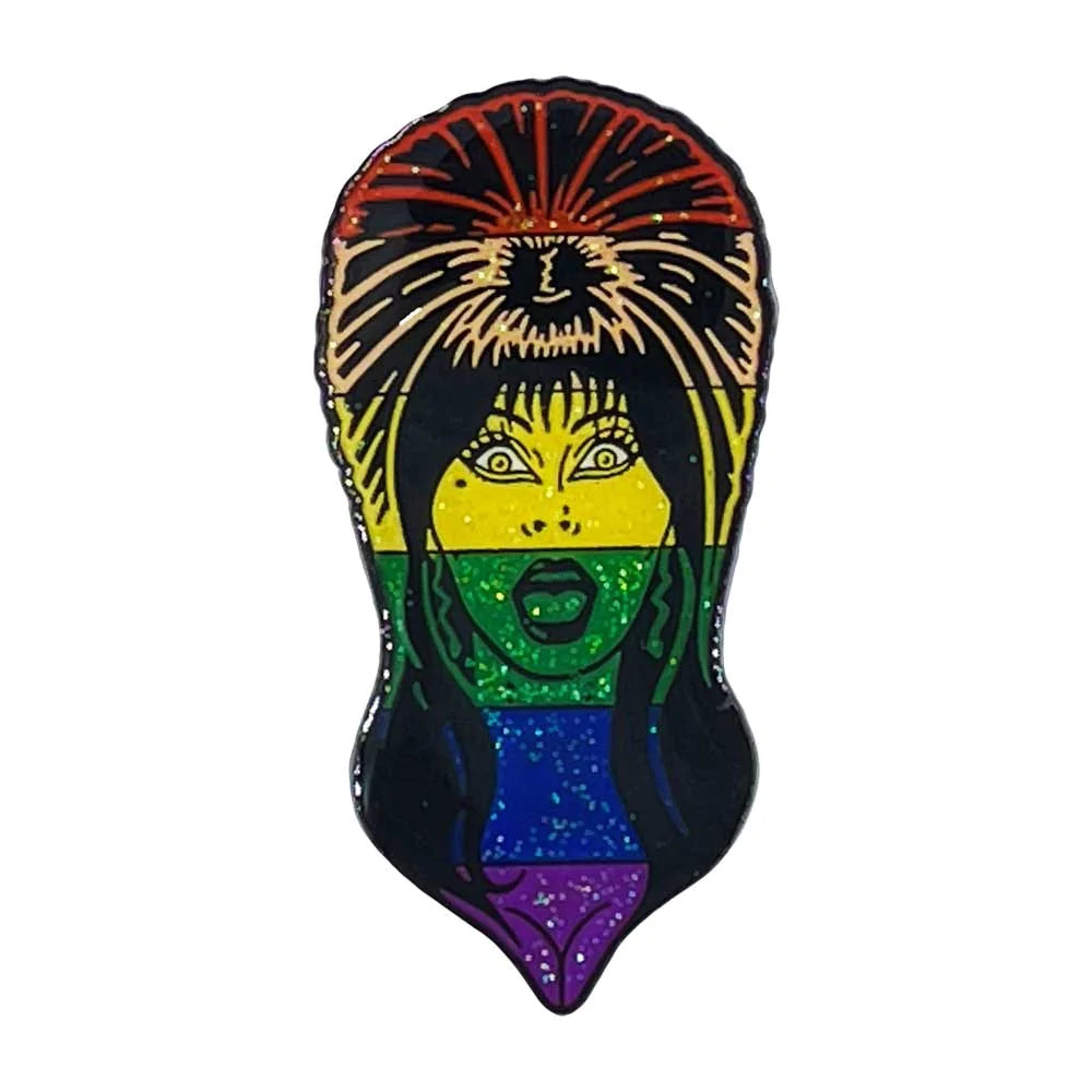 Elvira Rainbow Glitter Face Enamel Pin